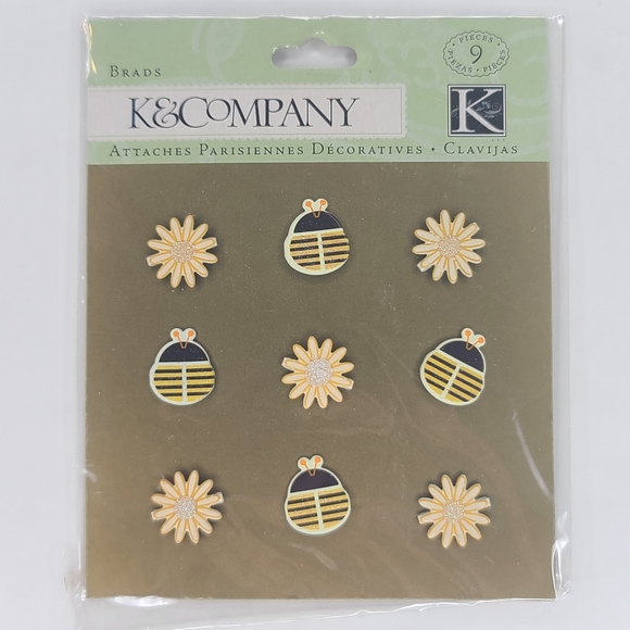 K&Company Brads Bugs And Daisies Brads 9 pcs Bees Spring Summer Brads - Picture 1 of 8